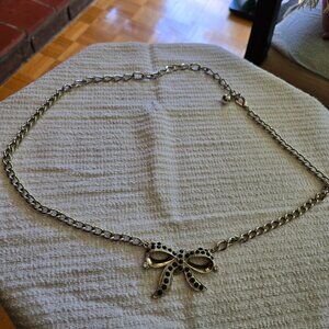 Vintage Silver Chain / Link Belt with Black Rhinestone Bow Detail